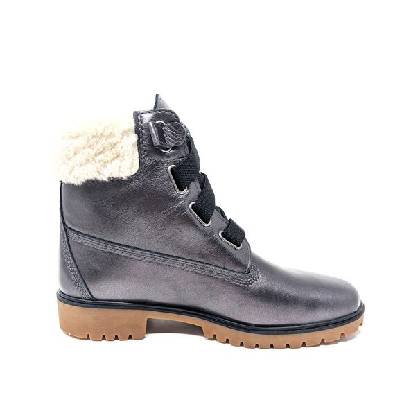 New Timberland Womens 8.5 Shoes Jayne Boots Fur Waterproof Metallic Grey Leather - Picture 2 of 11